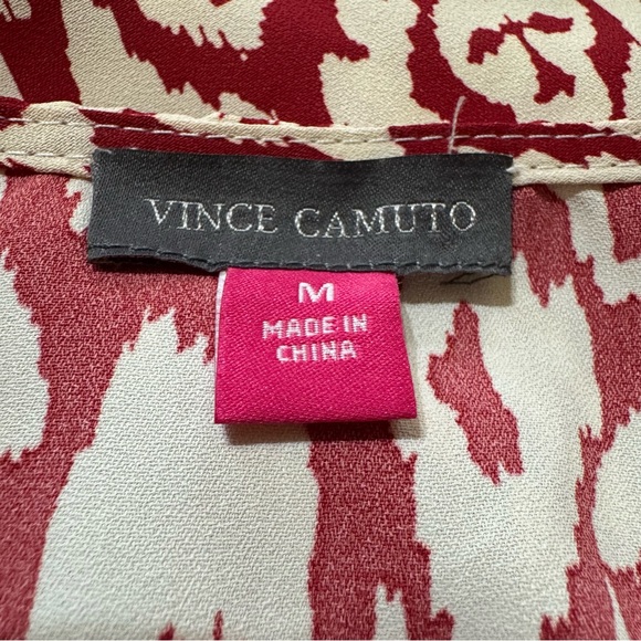 VINCE CAMUTO Red and White Ikat-Print Blouse w/ Smocked Ruffled Sleeves - Picture 4 of 4